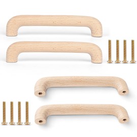 CPENG 4 Pieces Wooden Handles with Screws, 128mm Arc Shaped Wooden Furniture Handles, Double Hole Door Wooden Handle for Cabinet and Drawer Doors, Furniture and Kitchen Handle Tools