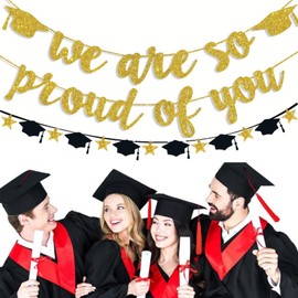 Pack of 2 Graduation Decorative Garland, Bachelor Decoration, Graduation Decoration We Are Proud of You Garland Banner, Paper Congratulations Hanging Decoration for Graduation, Bachelor and Master
