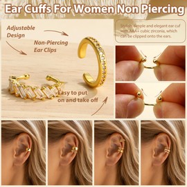 JeweBella Ear Cuff Set Women's 14K Gold Fake Earrings Earcuffs Gold/Silver Ear Clips Women's Without Ear Holes Ear Cuff Adjustable Clip Earrings Fake Piercing Ear Cartilage Ear Cuff, Cubic Zirconia
