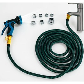 Indoor Sink Hose Attachment, 50FT Expandable Water Hose with 7 Faucet Adapters for Kitchen & Bathroom Faucets, Watering Plants, Pet Bathing and Household Cleaning