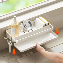 Sink Organiser, Hanging, No Drilling, Wall, Kitchen Organiser Sink | Selbstklebend Spülorganizer Küche mit Abflusspfanne, Abnehmbar Sinkorganizer Wall für Küchenzubehör Bürste Schwamm (Weiß)