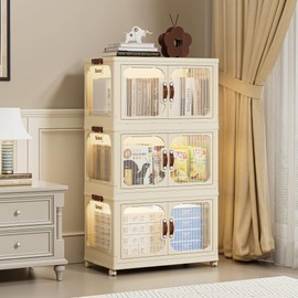 UFORU 3 Tier 84QT/21Gal Stackable Plastic Storage Cabinet Bins with Lids and Wheels, Foldable Storage Cabinet, Storage Organizer, Folding Storage Box with Doors for Home, Office, Closets