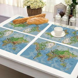 Y YIHANGBEST World Map Travel Dining Table Placemats Physical Labeling Vintage Cloth Linen Wipeable Placemats Table Pads Indoor Table Protectors Non Slip,Set of 4 12 * 18 Inch