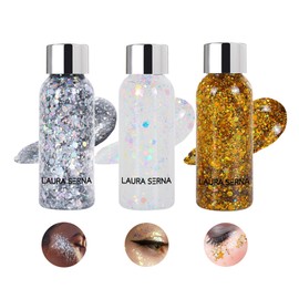 Glitter Body Gel, Face Glitter, Hair Glitter, Long Lasting Glitter Makeup for Face, Body, Eyes, Hair, Nails, DIY Art, Festival Accessories, Party Makeup Decoration, 35 ml * 3 Pieces