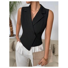 Floerns Women's Elegant Wrap Asymmetrical Hem Vest Waistcoat Button Blazer Jacket Black Medium