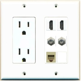 RiteAV [ 2 GANG ] 15 Amp Duplex Power Outlet 2 HDMI 1.4-2 Coax Phone Wall Plate