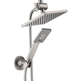 BRIGHT SHOWERS Rain Shower Head with Handheld Spray, 8 Inch Rainfall Shower Head Combo with 60" Hose, Adjustable Dual Square Showerhead Set with 3-Way Diverter, Wall Bracket, Brushed Nickel