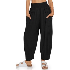 TARSE Womens Linen Palazzo Pants Summer Fall Boho High Waisted Cargo Baggy Loose Casual Harem Pants with Pockets, Black, M