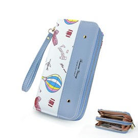 FuninCrea Ladies Purse Women's Wristlet Clutch Wallet, Double Zipper Pockets Womens Purse Wristlet Bag Long Women's Wallets with Wrist Strap and Balloons Iron Towers Airplanes Patterns (Blue)