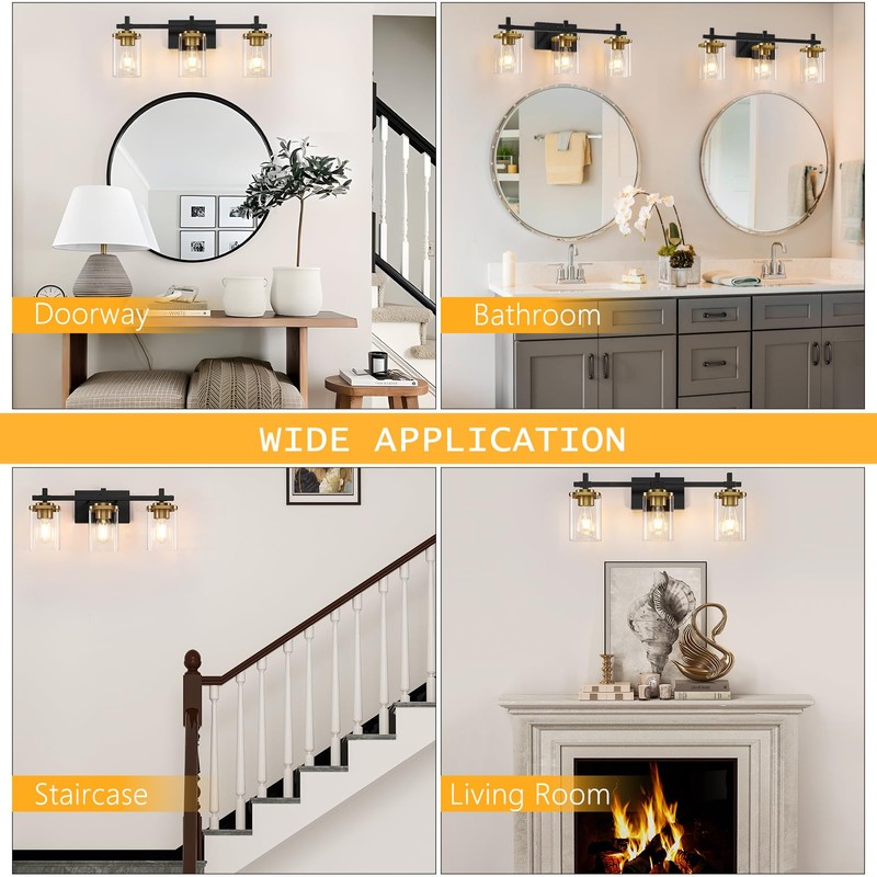 Spiglamm 3-Lights Black and Gold Bathroom Light Fixtures Over Mirror,