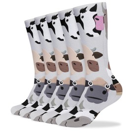 5 Pairs Soft Circulation Socks, Compression Crew Knee High Stockings Long Athletic for Running Sports 15.7x3.9 in Print Cow Head Sets Seamless on Grey