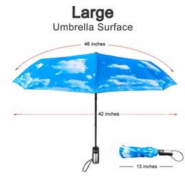 TradMall Travel Umbrella Windproof with 46 Inches Large Canopy 10 Reinforced Fiberglass Ribs Ergonomic Handle Auto Open & Close, Sky Clouds