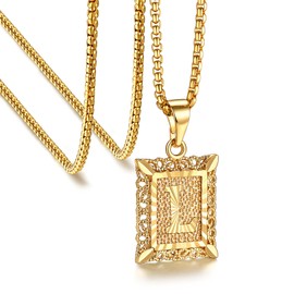 Bestyle Gold L Initial Square Tag Pendant Letter NameFiligree Style Vintage Jewelry, Stainless Steel Bead Chain Necklace with Strong Lobster Claw,Gift Box
