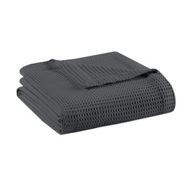 Madison Park 100% Cotton Blanket, Trendy Woven Waffle Weave Design, All Season, Lightweight, Breathable, Soft and Cozy Casual Summer Cover, for Bed, Couch and Sofa, Twin(66 in x 90 in), Dark Grey