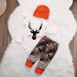 Shejingb Newborn Baby Boys Long Sleeve Letters Deer Romper Bodysuit Tops Camo Pants with Hat 3 Pcs Outfit Clothes Set (6-12 Months, Orange)