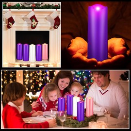 5 Pcs Christmas Advent Pillar Candles LED Flameless Advent Candle Set Christmas Advent Candles with Remote Christmas Advent Seasonal Celebration Candles Purple Pink White Taper Candles for Wreath