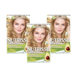 Garnier Nutrisse Permanent Care Hair Colour with Nourishing Fruit Oils, Colouration with 8 Weeks Hold, Ultra Cream Tint, 90 Light Blonde, (x3)