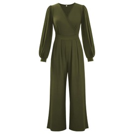 Tanmolo Women's Long Jumpsuit Long Sleeve V-Neck Jumpsuit Elegant Trouser Suit Wide Leg Romper with Pockets, Army Green-QF33