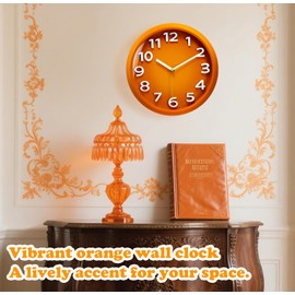 Mabpedo Wall Clocks Battery Operated - 11 Inch Silent Non Ticking 3D Numbers Easy Read Analog Clock with 2 Hooks Premium HD Glass Clocks for Living Room Bedroom Kitchen Gym Outdoor Decor, Orange