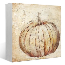 FLVGE Fall Vintage Pumpkin Wooden Box Sign Wall Desk Decor, Retro Autumn Scenery Aesthetic Decor, Harvest Thanksgiving Decoration for Gallery Living Room Bedroom Kitchen Office Desk Shelf, 5x5