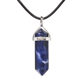 Justinstones Natural Sodalite Gemstone Hexagonal Pointed Reiki Chakra Pendant Genuine Leather Necklace 18 Inch