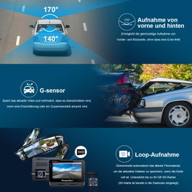 Range Tour Dash Cam Car Front Rear with 64GB SD Card, 4.3 Inch IPS Screen Car Camera 1080P FHD Car Dash Camera Video Recorder with 170° Wide Angle, Night Vision, G-Sensor, WDR, Parking Monitoring