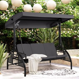 MAGIC UNION 3-Seat Outdoor Patio Swings with Canopy Adjustable Porch Swing with Stand, Cushions and Foldable Side Tray for Patio, Backyard (Gray)