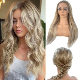 Ombre Ash Blonde Highlight Lace Front Wigs Human Hair for White Women 180% Density 13x4 HD Lace Frontal Pre Plucked Bleached Knots Free Part Platinum Blonde Highlighted Wig with Brown Roots 24 Inch