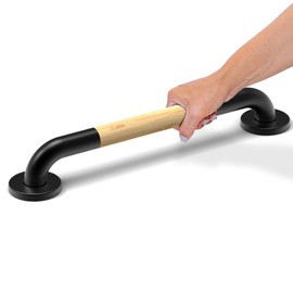 AquaChase Safety Grab Bar for Bathroom & Toilet, Natural Bamboo Handle, ADA Compliant Balance Assist Handrail for Handicap and Seniors, 16in Matte Black