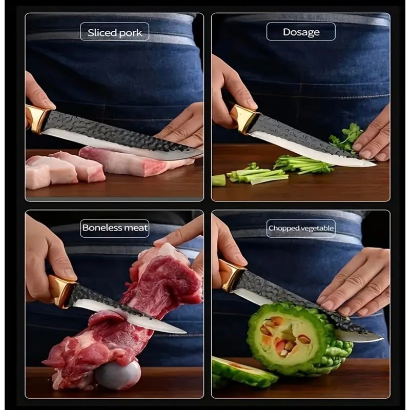 Premium Steak Knives Set with Hammered Steel Blades, Wooden Handles,