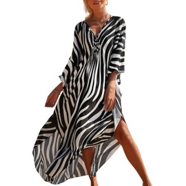 KAICAILA Kaftan Dresses For Women V-neck Ethnic Resort Wear Cover Up Zebra Stripes Print Bohemian Vacation Poolside
