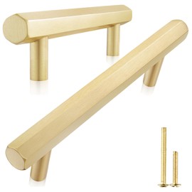 QOGRISUN 5-Pack Solid Brass Cabinet Pulls Hexagon Drawer Handles, 3-3/4-Inch Hole Center, Suitable for Kitchen Bathroom Dresser Cupboard Hardware, 5.3-Inch Total Length, Brushed Finish