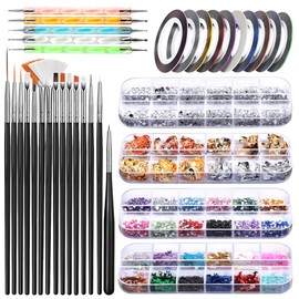 Nail Art Brush, Teenitor 3D Nail Art Decorations Kit with Nail Pen Designer Dotting Tools Colors Holographic Butterfly Nail Glitter Foil Flakes Nail Tape Strips and Multi-color Nails Rhinestones