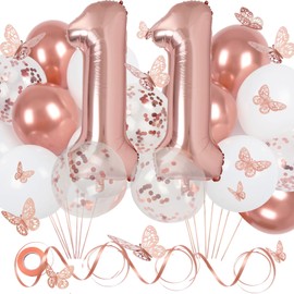 11th Birthday Decorations Girl with Butterfly Decor and Rose Gold Balloons, Rose Gold 11th Birthday Girl Party Decorations with 40 in Number Balloons