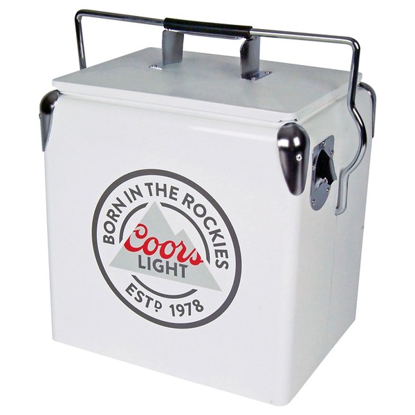 Coors Light Retro Ice Chest Cooler with Bottle Opener 13L (14 qt), 18 Can Capacity, White and Silver, Vintage Style Ice Bucket for Camping, Beach, Picnic, RV, BBQs, Tailgating, Fishing