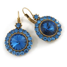 40mm L/Round Cut Sky Blue Glass Stone Drop Earrings With Leverback Closure/Antique Gold Metal/Vintage Inspired
