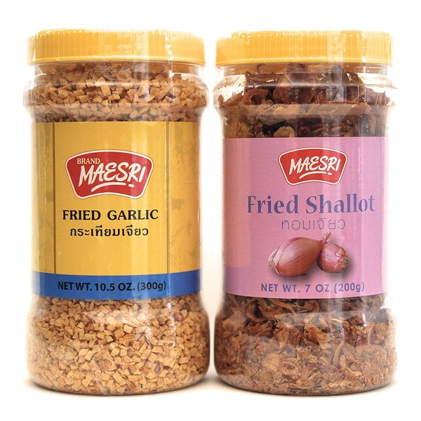 Maesri Fried Shallot & Fried Garlic Combo Pack | Ingredient & Garnish widely used in Asian Cooking | Fried Shallot 7 Ounce Jar | Fried Garlic 10.5 Once Jar