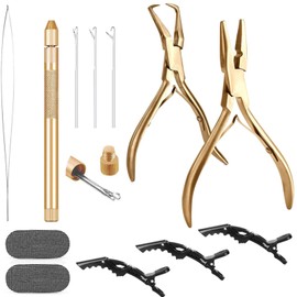 Hair Extension Tools Kit, Stainless Steel Hair Extensions Micro Bead Closer pliers and hair extension beads remover plier set, 4 Hook Needle Pulling Loop Tool Set (Gold)