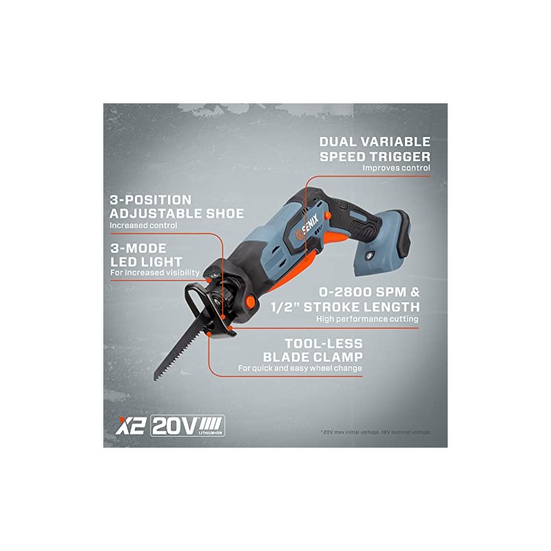 SENIX PSRX2-M1-0 X2 20 Volt Max* 1/2-Inch Compact Reciprocating Saw
