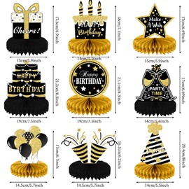 9 Pieces Black Gold Birthday Decorations Birthday Centerpieces for Tables Decorations Happy Birthday Honeycomb Table Topper Happy Birthday Decorations for Men and Woman Birthday Party Supplies