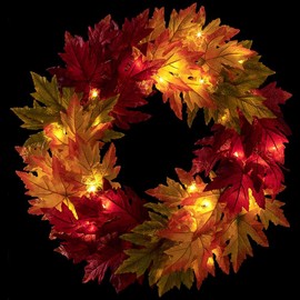 SilksAreForever 24" Maple Leaf LED-Lighted Artificial Hanging Wreath -Fall