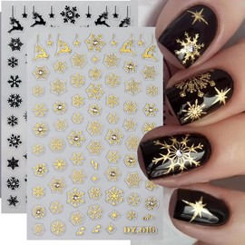 6 Sheets Snowflake Nail Art Stickers Christmas Nail Decals 3D Snowflake Nail Art Designs Black Gold Silver White Snowflake Nail Sticker Supplies for Women and Girls Xmas Nail DIY