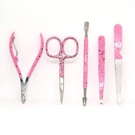 Manicure Set Professional Nail Clippers Pedicure Kit, 5pcs Stainless Steel Nail Care Tools Grooming Kit with Luxurious Travel Leather Case for Thick Nails Men Women Gift (Tye dye Pink