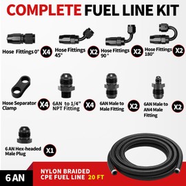 BRIFITOR 3/8‘’ 6AN 20FT Fuel Line Kit, Nylon Stainless Steel Braided CPE Fuel Line Hose Kit With 23PCS Swivel Hose Fittings Adapter