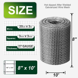 1/8 Inch Hardware Cloth 8'' x 10' 27 Gauge Hot Dip Galvanized Welded Wire Mesh for Chicken House/Coop Fencing, Animal Cage Netting, Bee Swarm Protection Netting and Poultry Enclosures