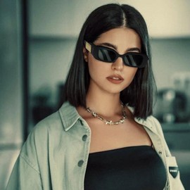 LJCZKA Trendy Rectangle Sunglasses for Women Men 90s Retro Square Shades Vintage Classic Chunky Y2K Sun Glasses (BlackBlack)