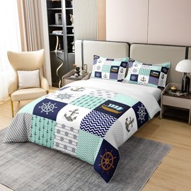 Feelyou Anchor Decor Bedding Set Twin Size Kids Ocean Nautical Voyage Comforter Cover Set for Boys Girls Sailboat Printed 100% Cotton Duvet Cover Marine Themed Bedspread Cover Room Decor Quilt Cover