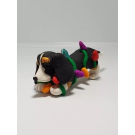 Celtic Forest Clay BASSET HOUND Black Mask Christmas Ornament TANGLED IN LIGHTS HAND MADE OOAK