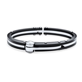 Biker Black Handcuff for Mens for Women Bracelet Bangle Silver Tone Plated Stainless Steel