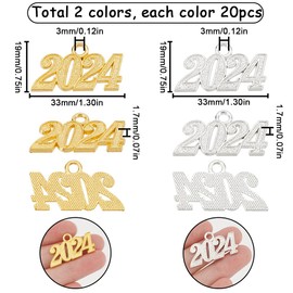 SUNNYCLUE 1 Box 40Pcs 2024 Charms Bulk Large Golden Silver New Year Number 2024 Letter Charm Graduation Cap Tassels 2024 Grad Caps Decoration Christmas Tree Hanging Ornament for Jewelry Making Charms